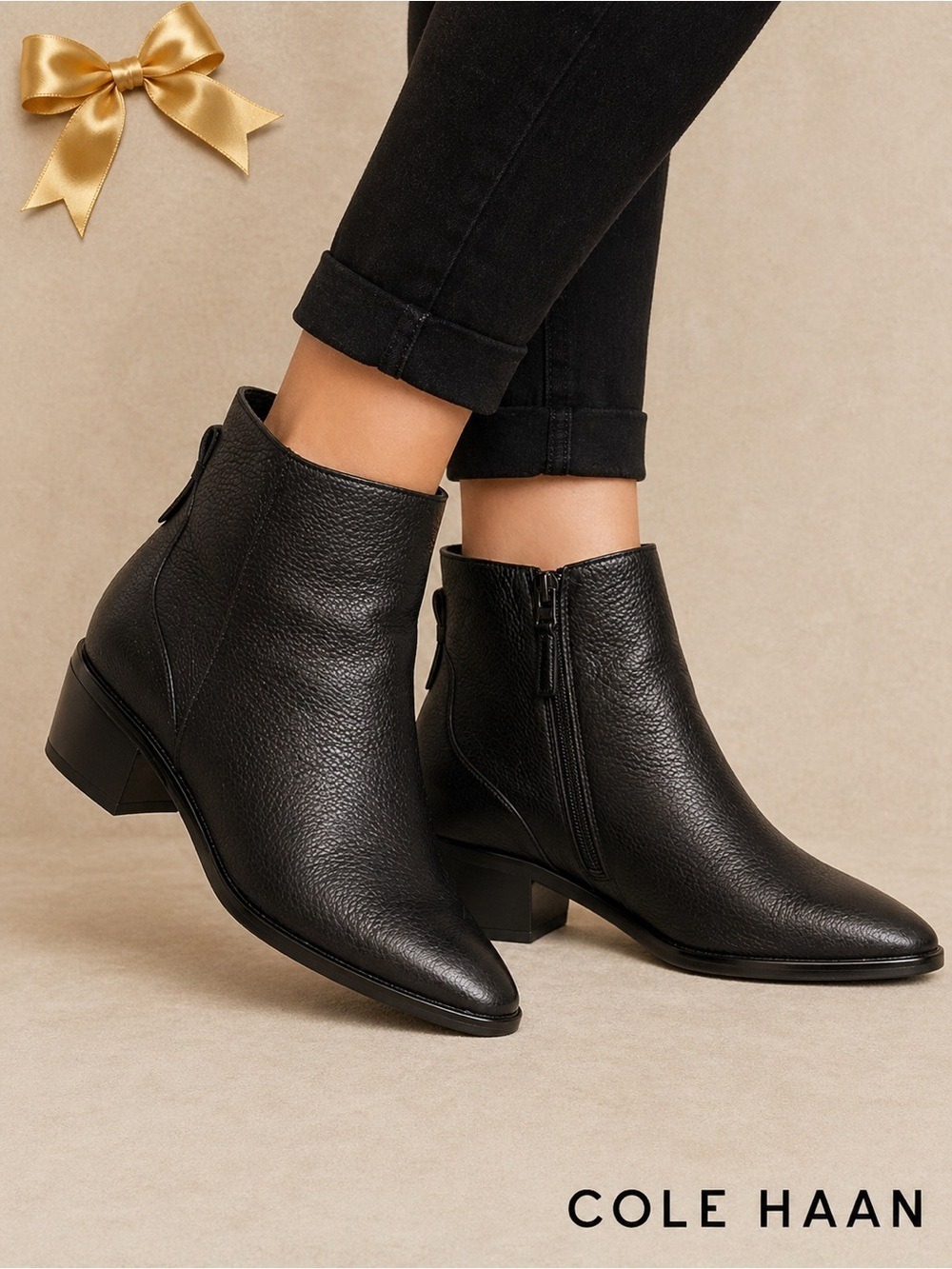 Cole Haan Grand 360 Leather Ankle Booties Black Pointed Toe 9B